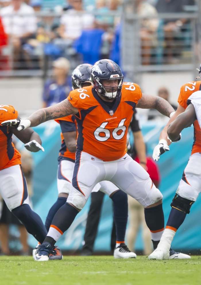Sep 19, 2021; Denver Broncos guard Dalton Risner (66) blocks against the Jacksonville Jaguars. Mandatory Credit: Mark J. Rebilas-USA TODAY Sports